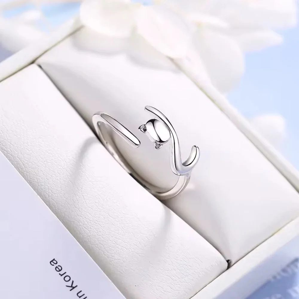 100% 925 Sterling Silver Sticky Cat With Long Tail Finger Ring. Adjustable Ring